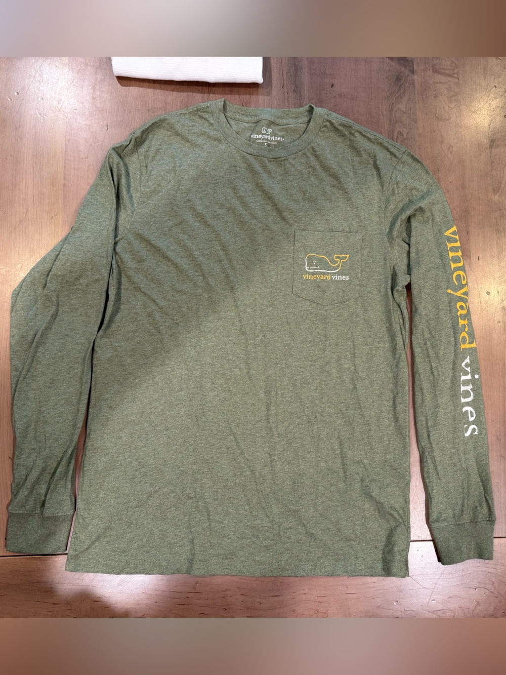 Vineyard Vines Olive Green Long-Sleeve Pocket Tee with Yellow Logo